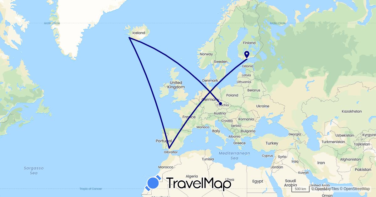 TravelMap itinerary: driving in Czech Republic, Spain, Finland, Iceland (Europe)